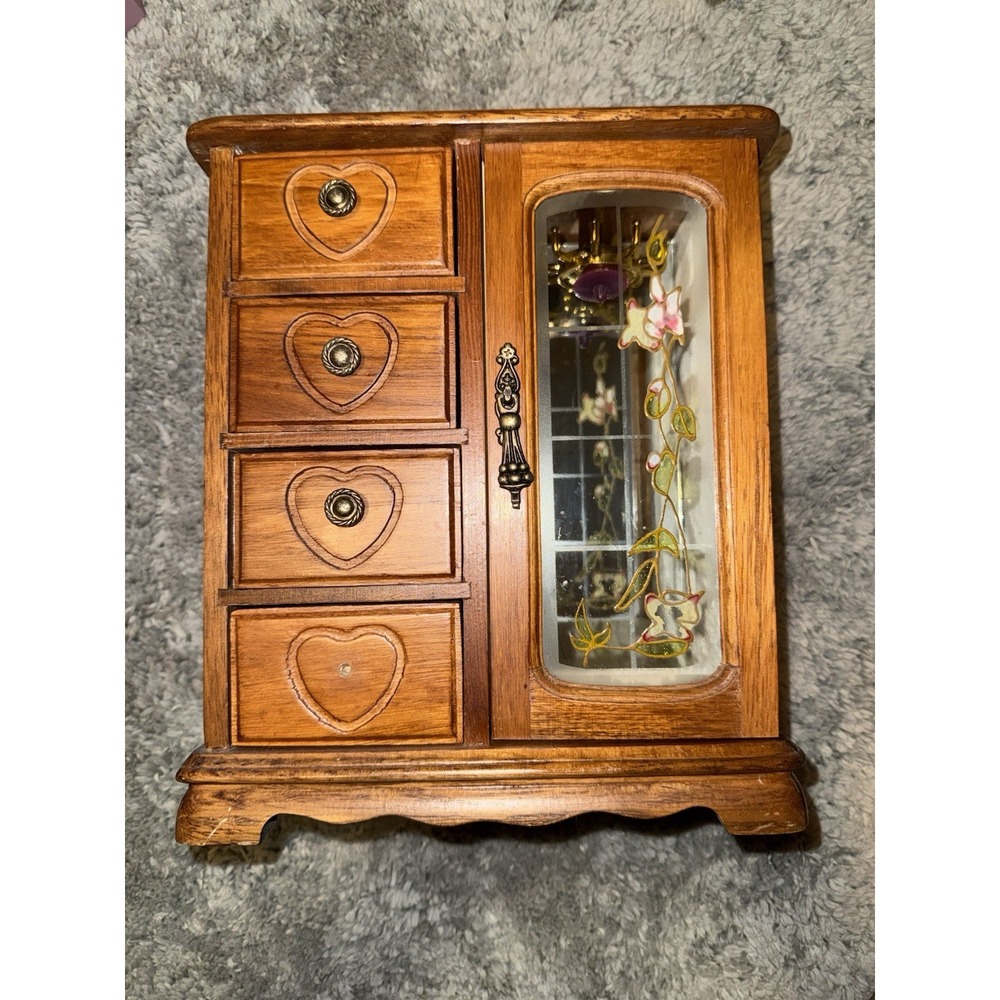 Vintage Jewelry Box Armoire Floral Glass 4 Drawers Wooden Jewelry Box See Pics!